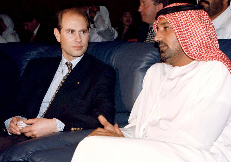 Britain's Prince Edward speaks with Emirates airline founder Sheikh Ahmed bin Saeed Al Maktoum during a visit to Dubai in March 1997.  Reuters