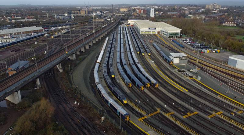 Southeastern trains sit in sidings at Ashford station in Kent, during a strike by train drivers. PA