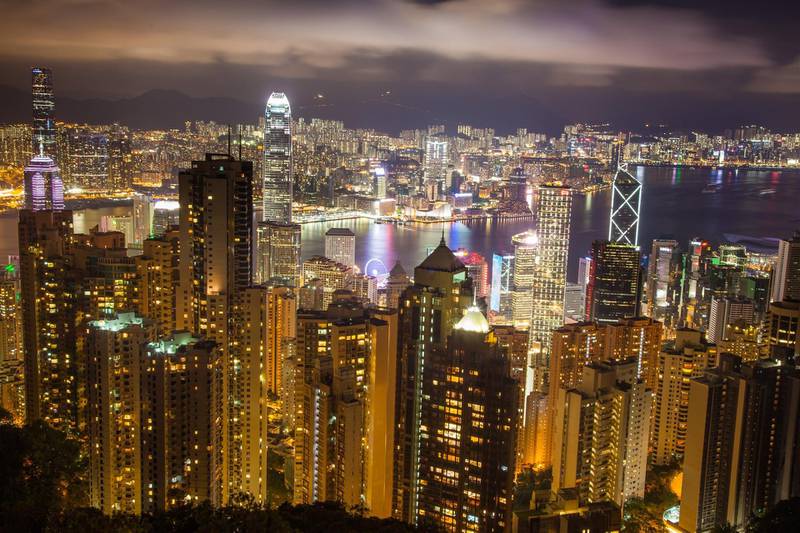 The spectacular skyline of Hong Kong at night, seen from Victoria Peak. HKTB