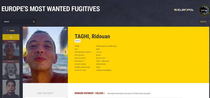 Ridouan Taghi's wanted poster on eumostwanted.eu. Image: Europol