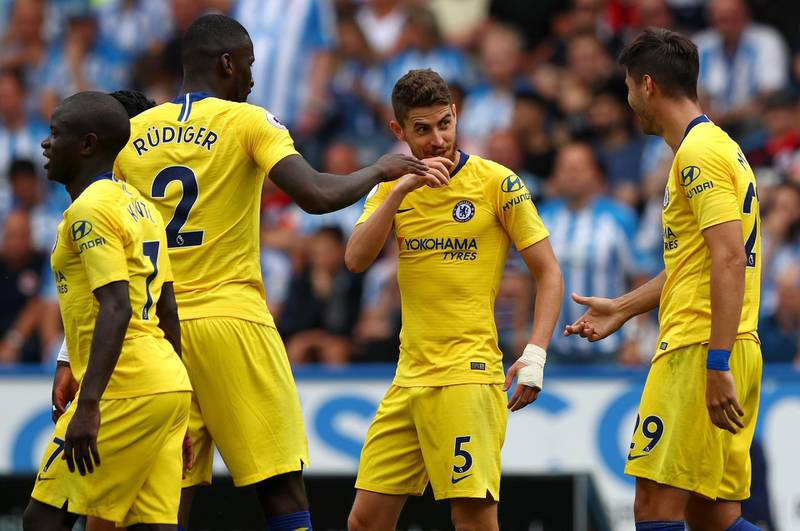 Jorginho of Chelsea celebrates with teammates after scoring his team's second goal. Getty Images