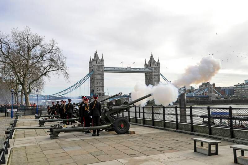 To mark the 70th anniversary of Queen Elizabeth II's accession to the throne, a 62-gun salute is fired from Tower Wharf across the River Thames by the Honourable Artillery Company in London. Getty Images