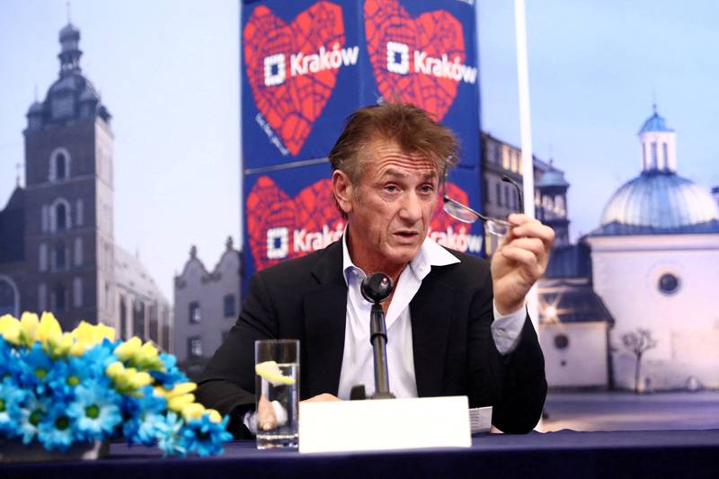 Actor Sean Penn speaks during a news conference as he is to sign a co-operation agreement between the city of Krakow and his Core Foundation regarding aid for Ukrainian refugees. Reuters
