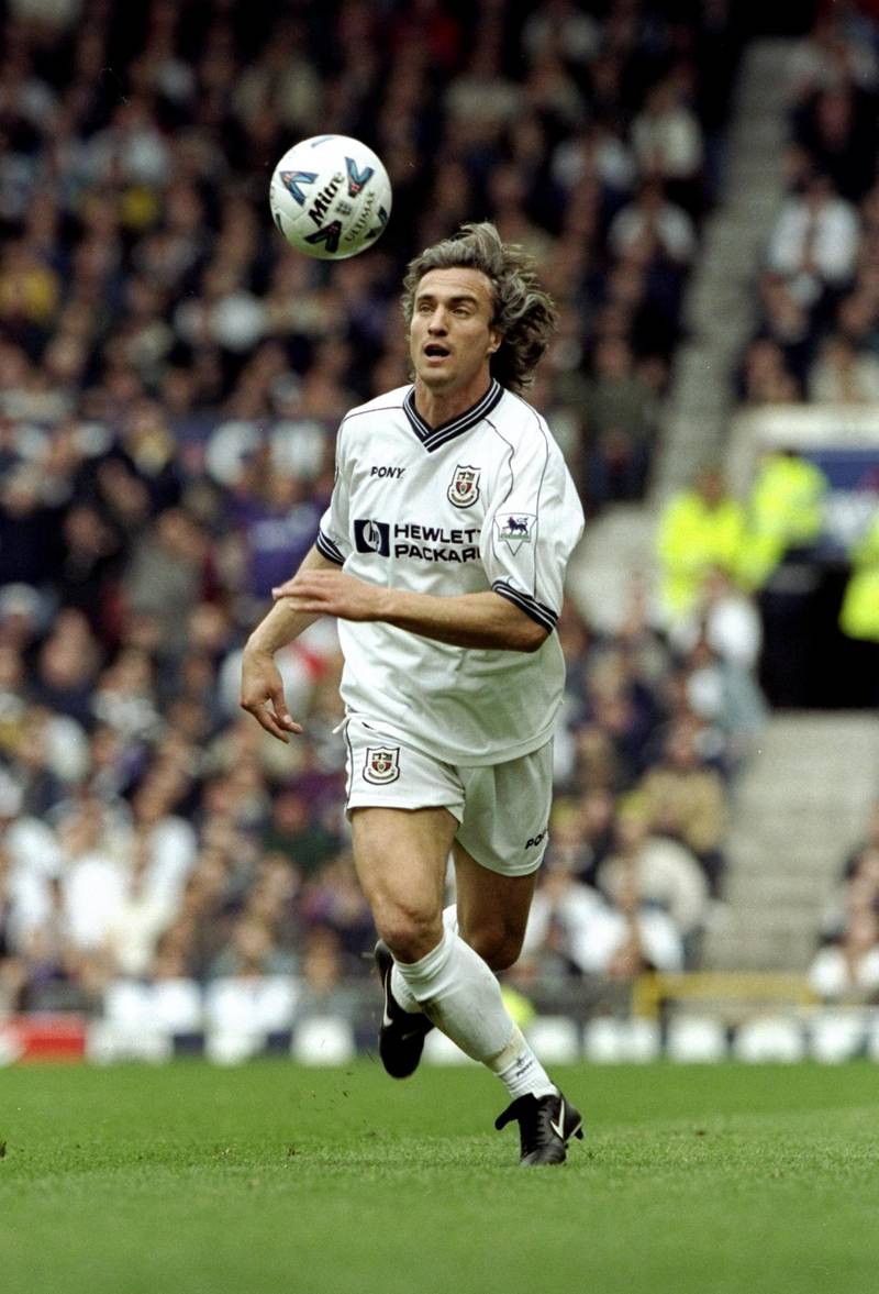11 Apr 1999:  David Ginola of Tottenham Hotspur in action against Newcastle United in the FA Cup semi-final at Old Trafford in Manchester, England. Newcastle won 2-0 after extra-time.  \ Mandatory Credit: Stu Forster /Allsport/Getty Images