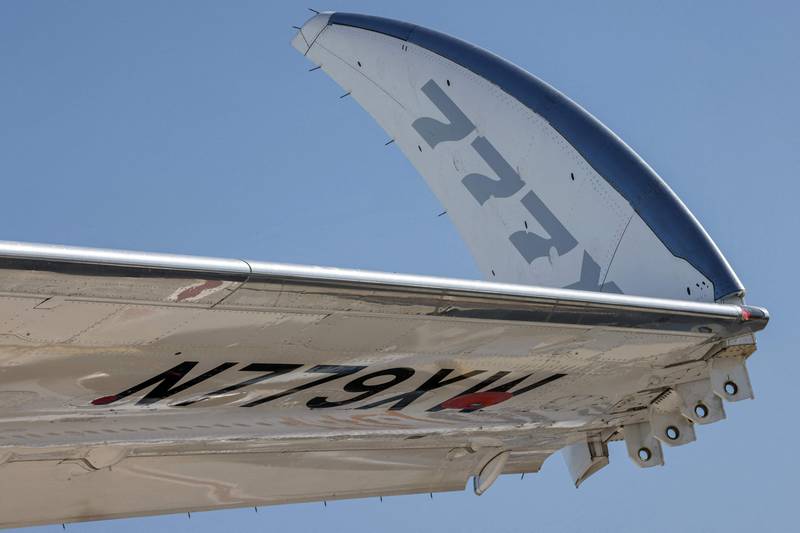 The folding wingtips of the Boeing 777X demonstration aircraft at the 2021 Dubai Airshow.  AFP