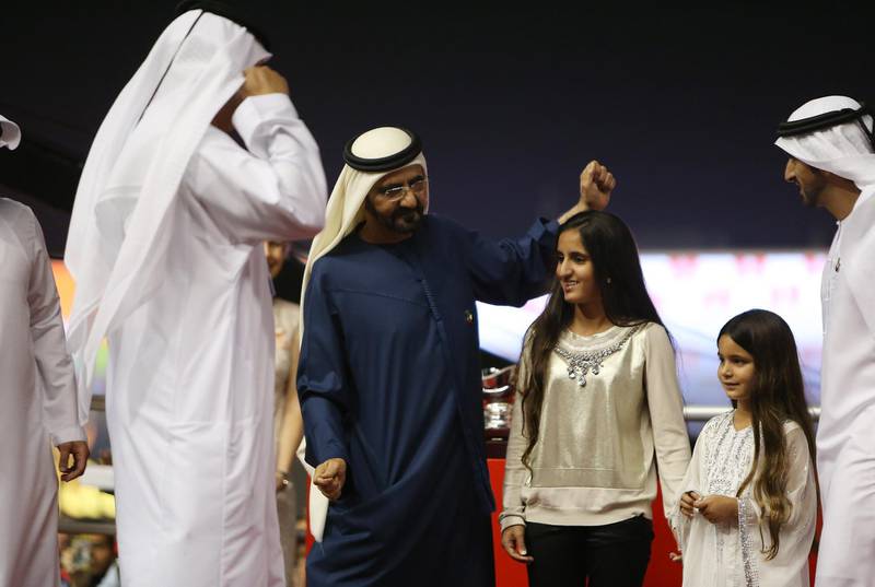 DUBAI , UNITED ARAB EMIRATES Ð Mar 29 , 2014 : Sheikh Mohammed bin Rashid Al Maktoum , UAE Vice President and Prime Minister and Ruler of Dubai  in a jubilant mood after African Story ( GB ) number 6 ridden by Silvestre De Sousa won the Dubai World Cup 9th horse race ( 2000m All Weather ) at the Meydan Racecourse in Dubai. ( Pawan Singh / The National ) For Sports. Story by Jonathan Raymond