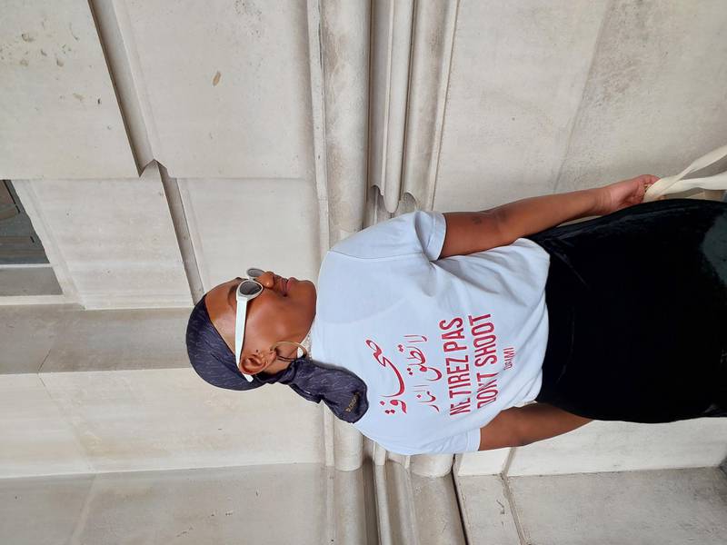 A Qasimi T-shirt is given a London twist with durag and pencil skirt at London Fashion Week. All photos: Sarah Maisey / The National