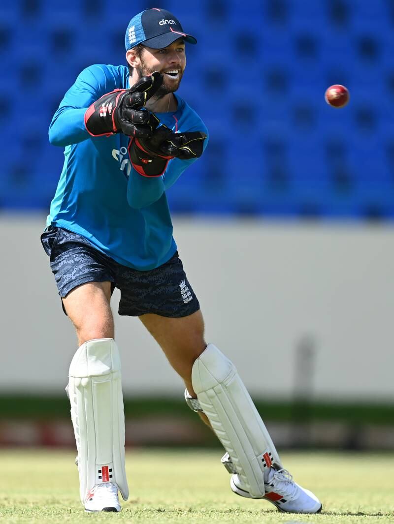 England wicketkeeper Ben Foakes catches during training in Antigua. Getty