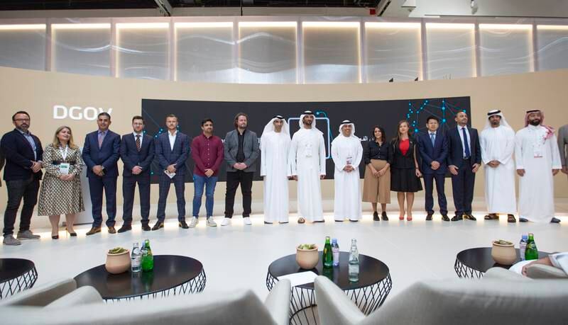 HE A budullah bin Touq Al Marri, UAE Minister of Economy together with HE Dr. Thani bin Ahmed Al Zeyoudi, Minister of State for Foreign Trade and with the investors at the launch of The Entrepreneurial Nation 2.0 at GITEX Day 4, Dubai World Trade Centre. 