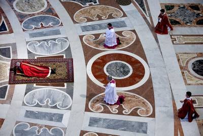 Pope Francis at the Celebration of the Lord's Passion at St Peter's Basilica, Vatican City, April 14, 2017. Getty Images