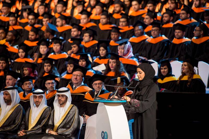 ABU DHABI, UNITED ARAB EMIRATES - February 28, 2017: A student delivers a speech during The Petroleum Institute graduation ceremony, at Emirates Palace.

( Rashed Al Mansoori / Crown Prince Court - Abu Dhabi )
--- *** Local Caption ***  20170228RMC01_8189.JPG