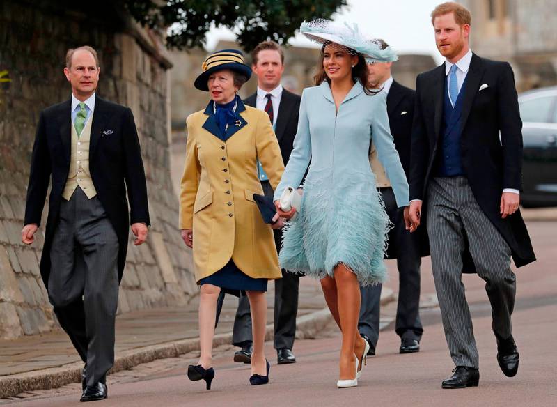 Prince Edward, Earl of Wessex, Princess Anne, Princess Royal, Lady Frederick Windsor and Prince Harry, Duke of Sussex, arrive at St George's Chapel. AFP