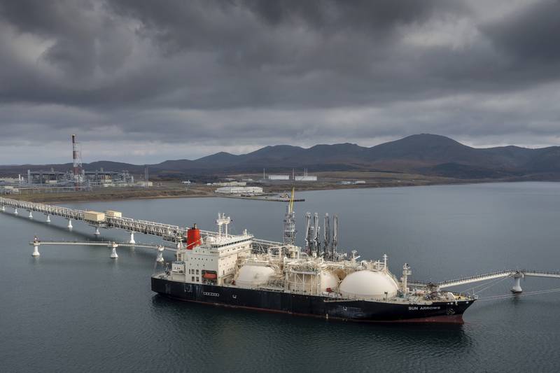 A tanker loads its cargo of liquefied natural gas in the port of Prigorodnoye, Russia. AP