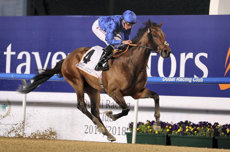 DUBAI , UNITED ARAB EMIRATES , FEB 15  – 2018 :- Gold Town   ( GB   ) ridden by  William Buick  ( no  4   ) won the Fifth horse race 1600 m dirt held at Meydan Racecourse in Dubai. ( Pawan Singh / The National ) For Sports. Story by Amith