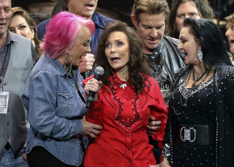 Lynn with Tanya Tucker and Crystal Gayle at Lynn's 87th Birthday Tribute in Nashville. Invision / AP