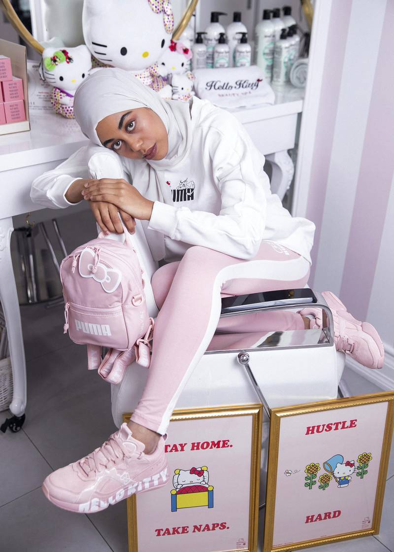 DUBAI, UNITED ARAB EMIRATES. 28 OCTOBER 2019. Puma influencer,  Junaynah El-Guthmy, dressed in the Puma X Hello Kitty collaboration at the Hello Kitty Beauty Spa in Dubai.(Photo: Reem Mohammed/The National)Reporter:Section: