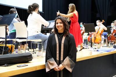 Noura Sulaiman, spokeswoman for the Firdaus Orchestra during rehearsals at the Gems Wellington International School in Dubai. All photos: Pawan Singh / The National
