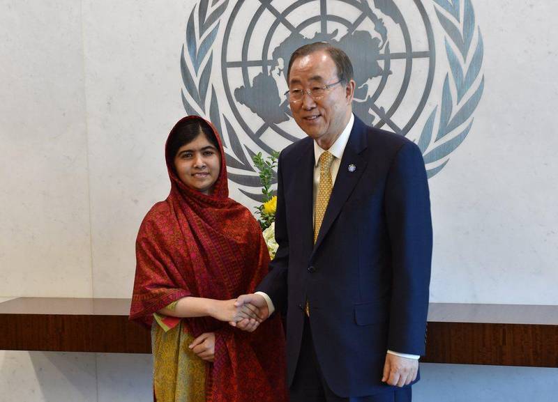 Pakistani activist Malala Yousafzai meets UN secretary general Ban Ki-moon at United Nations headquarters. Stan Honda / AFP Photo / August 18, 2014