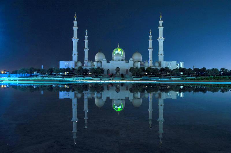 The Sheikh Zayed Grand Mosque is often lit, or dimmed, for world events, such as Earth Hour, as pictured. Wam
