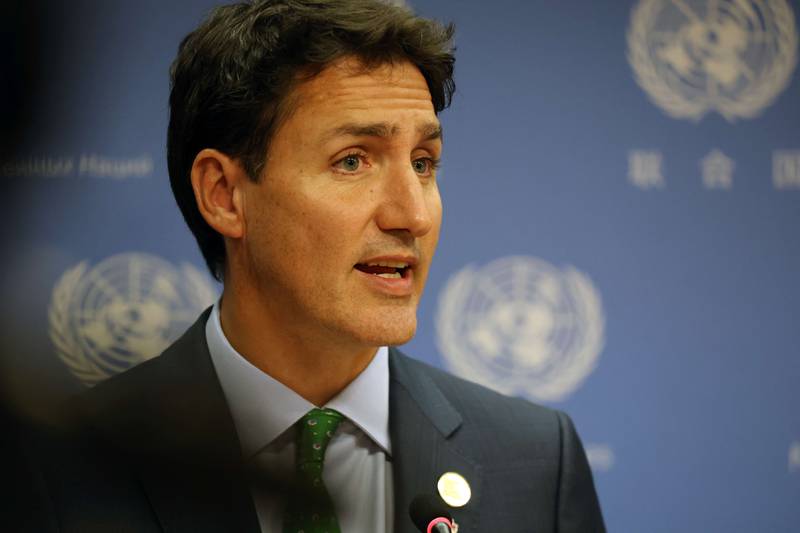 Canadian Prime Minister Justin Trudeau speaks to the media during the 77th UN General Assembly. AFP