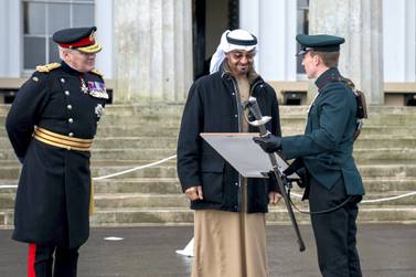 CAMBERLEY, SURREY, UNITED KINGDOM - December 11, 2020: HH Sheikh Mohamed bin Zayed Al Nahyan, Crown Prince of Abu Dhabi and Deputy Supreme Commander of the UAE Armed Forces (C), attends the Sovereign’s Parade for Commissioning Course 201, at The Royal Military Academy Sandhurst. ( Rashed Al Mansoori / Ministry of Presidential Affairs ) ---