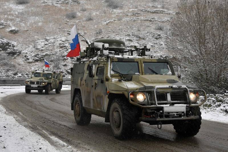 Russian peacekeeping military vehicles outside Lachin after Moscow brokered a truce in the Armenian-majority breakaway region of Nagorno-Karabakh on November 10, 2020. AFP