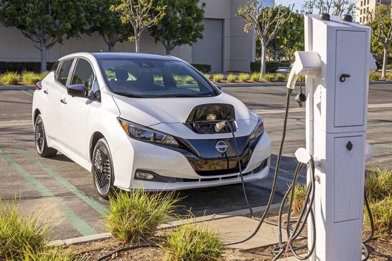 The 2023 Nissan Leaf, a small electric hatchback with an EPA-estimated range of up to 346 kilometres. AP