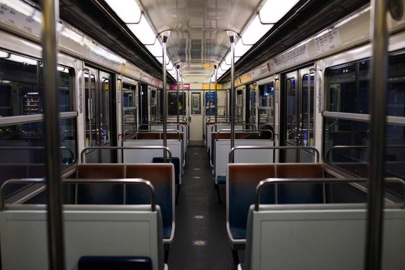 Empty passenger seats in an underground metro railway train in Paris. Bloomberg