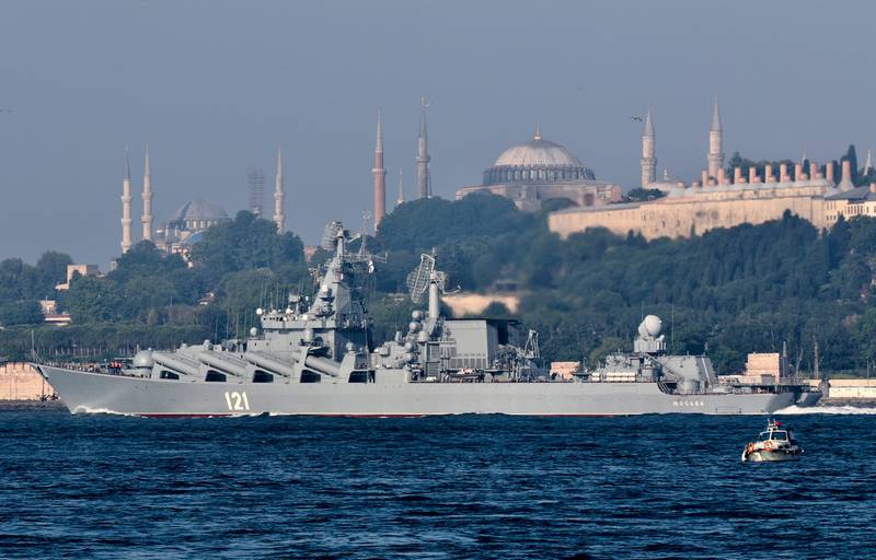 Russian Navy's guided missile cruiser 'Moskva' sails in the Bosphorus in Istanbul, Turkey, on its way to the Mediterranean Sea, on June 18. Reuters