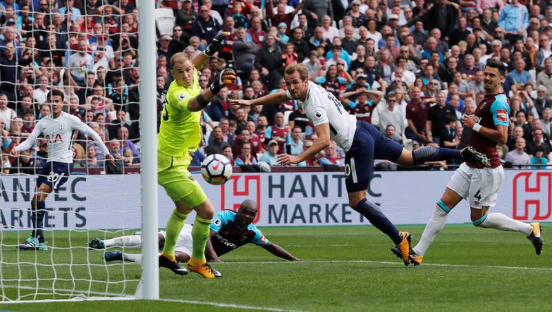 Soccer Football - Premier League - West Ham United vs Tottenham Hotspur - London Stadium, London, Britain - September 23, 2017   Tottenham's Harry Kane scores their first goal          REUTERS/Eddie Keogh    EDITORIAL USE ONLY. No use with unauthorized audio, video, data, fixture lists, club/league logos or "live" services. Online in-match use limited to 75 images, no video emulation. No use in betting, games or single club/league/player publications. Please contact your account representative for further details.