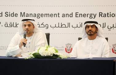 Mohamed Al Zaabi, Executive Director of Regulatory Affairs at the Abu Dhabi Department of Energy, and Dr Hilal Al Kaabi, Secretary General of the Abu Dhabi Quality and Conformity Council, launch the new plan during the World Energy Congress in Abu Dhabi on Tuesday. Pawan Singh / The National
