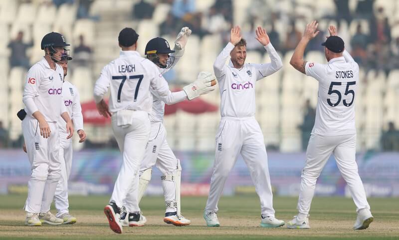 England's Joe Root celebrates after taking the wicket of Mohammad Ali of Pakistan for a duck. Getty