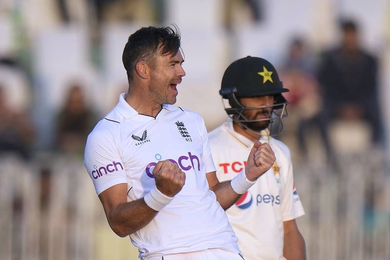 England bowler James Anderson celebrates after taking the wicket of Pakistan's Muhammad Rizwan on Day 3 of the first Test in Rawalpindi on Saturday, December 3, 2022. AP