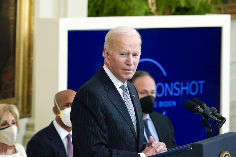 US President Joe Biden speaks at a 'Cancer Moonshot' event from the White House. AP