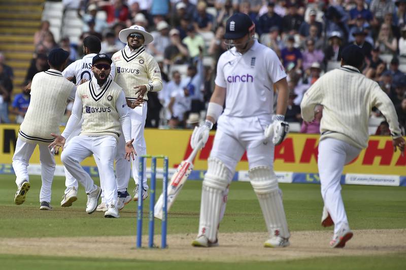 Indian players celebrate the dismissal of England's Ollie Pope for a duck. AP