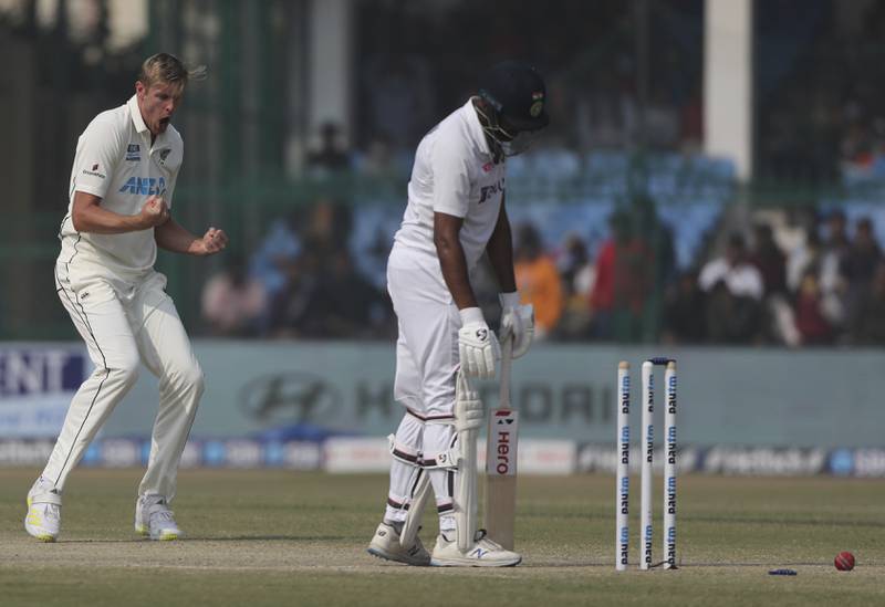 New Zealand bowler Kyle Jamieson celebrates after bowling India's Ravichandaran Ashwin for 32. AP
