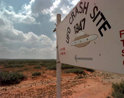 A sign directs travellers to the start of the '1947 UFO Crash Site Tours' in Roswell, New Mexico. AP