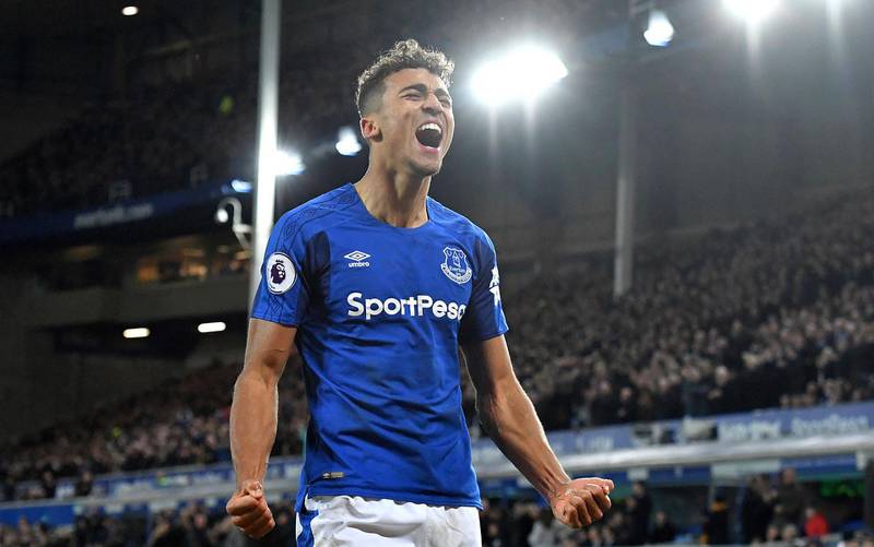 Everton's Dominic Calvert-Lewin celebrates scoring his side's second goal during the English Premier League soccer match between Everton F.C and Huddersfield Town at Goodison Park, Liverpool, England. Saturday. Dec. 2, 2017. (Dave Howarth/PA via AP)