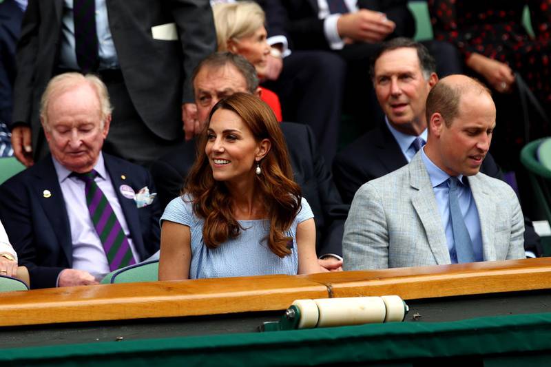 Catherine, Duchess of Cambridge and Prince William, Duke of Cambridge attend the Royal Box prior to the Men's Singles final between Novak Djokovic of Serbia and Roger Federer of Switzerland during Day thirteen of The Championships - Wimbledon 2019 at All England Lawn Tennis and Croquet Club on July 14, 2019 in London, England. (Photo by Clive Brunskill/Getty Images)