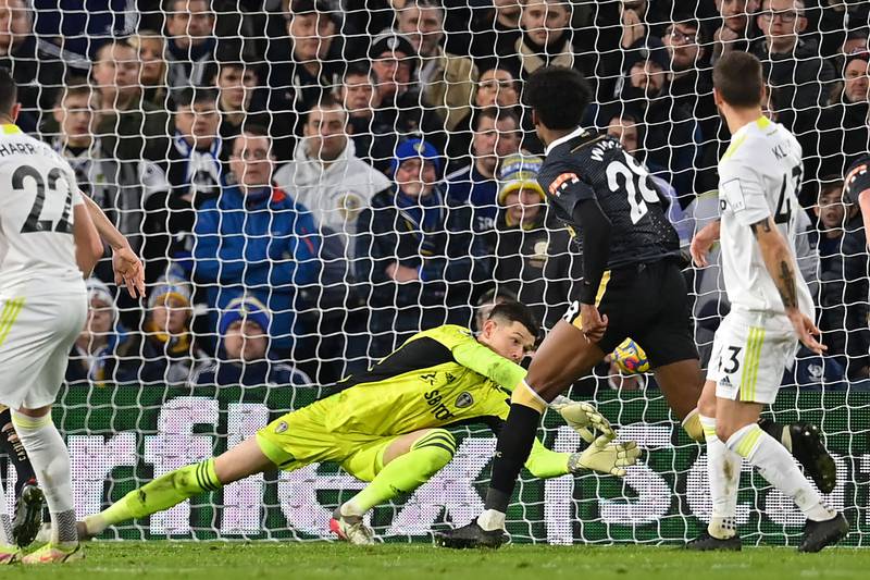 Leeds United goalkeeper Illan Meslier fails to keep out Jonjo Shelvey's free-kick. AFP