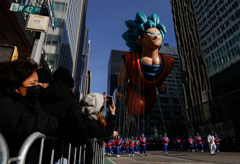 A balloon of Goku from Dragon Ball flies during the Macy's Thanksgiving Day Parade in Manhattan, New York City in November 2021. Reuters 