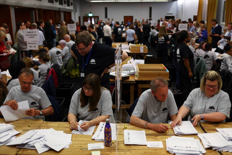 Ballots are counted at Wandsworth Town Hall in London. Reuters