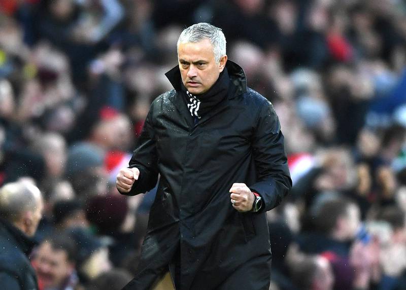 MANCHESTER, ENGLAND - DECEMBER 08: Jose Mourinho, Manager of Manchester United celebrates his sides goal during the Premier League match between Manchester United and Fulham FC at Old Trafford on December 8, 2018 in Manchester, United Kingdom.  (Photo by Gareth Copley/Getty Images)