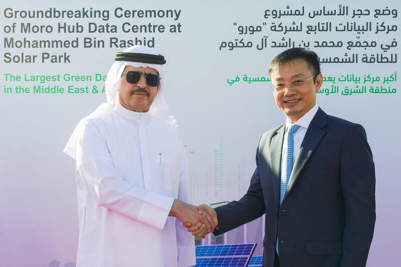 Saeed Mohammed Al Tayer, managing director and chief executive of Dubai Electricity and Water Authority, and Steven Yi, president of Huawei Middle East & Africa, have broken ground for the first phase of the largest solar-powered data centre in the Middle East and Africa. Courtesy Dewa