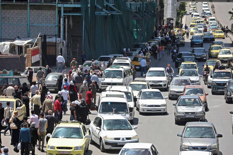 Traffic in Damascus on May 10, 2020. The official Syrian news agency said that as of Sunday, the price of a litre of petrol rose to 2,500 Syrian pounds (58 cents) from 1,100 pounds per litre. AFP