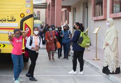 Pupils arriving on the first day of in-person learning at the Indian High School in Oud Metha, Dubai.