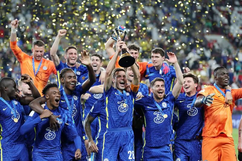 Chelsea celebrate winning the Fifa Club World Cup final after defeating Palmeiras at the Mohammed bin Zayed Stadium in Abu Dhabi on Saturday, February 12, 2022. All images Chris Whiteoak / The National