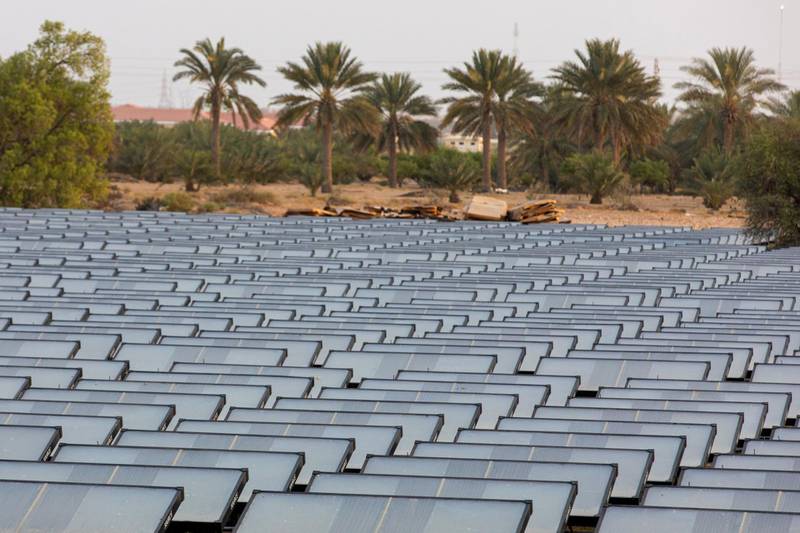 Hydropanels, produced by Zero Mass Water Inc., stand at the planned site of the IBV drinking water plant in Lehbab, Dubai, United Arab Emirates, on Wednesday, July 8, 2020. Zero Mass Water Inc., an Arizona-based water technology company, thinks the lack of rivers or even seawater isn’t a problem because it has technology that can extract moisture from the atmosphere using energy from the sun. Photographer: Christopher Pike/Bloomberg