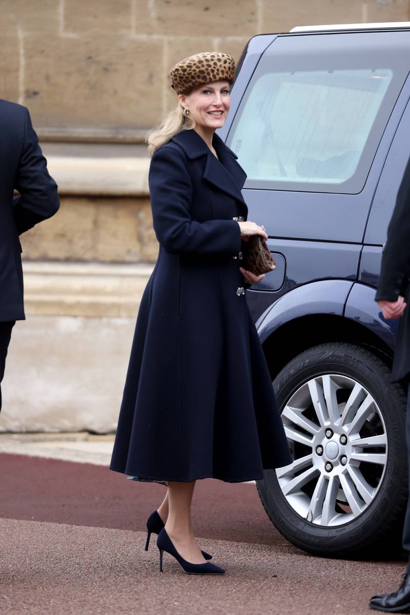 Sophie, Countess of Wessex, in a Loewe coat and Jane Taylor London leopard print pillbox hat, arrives at St Georges Chapel, Windsor Castle on December 25, 2021 in Windsor, England. Getty Images