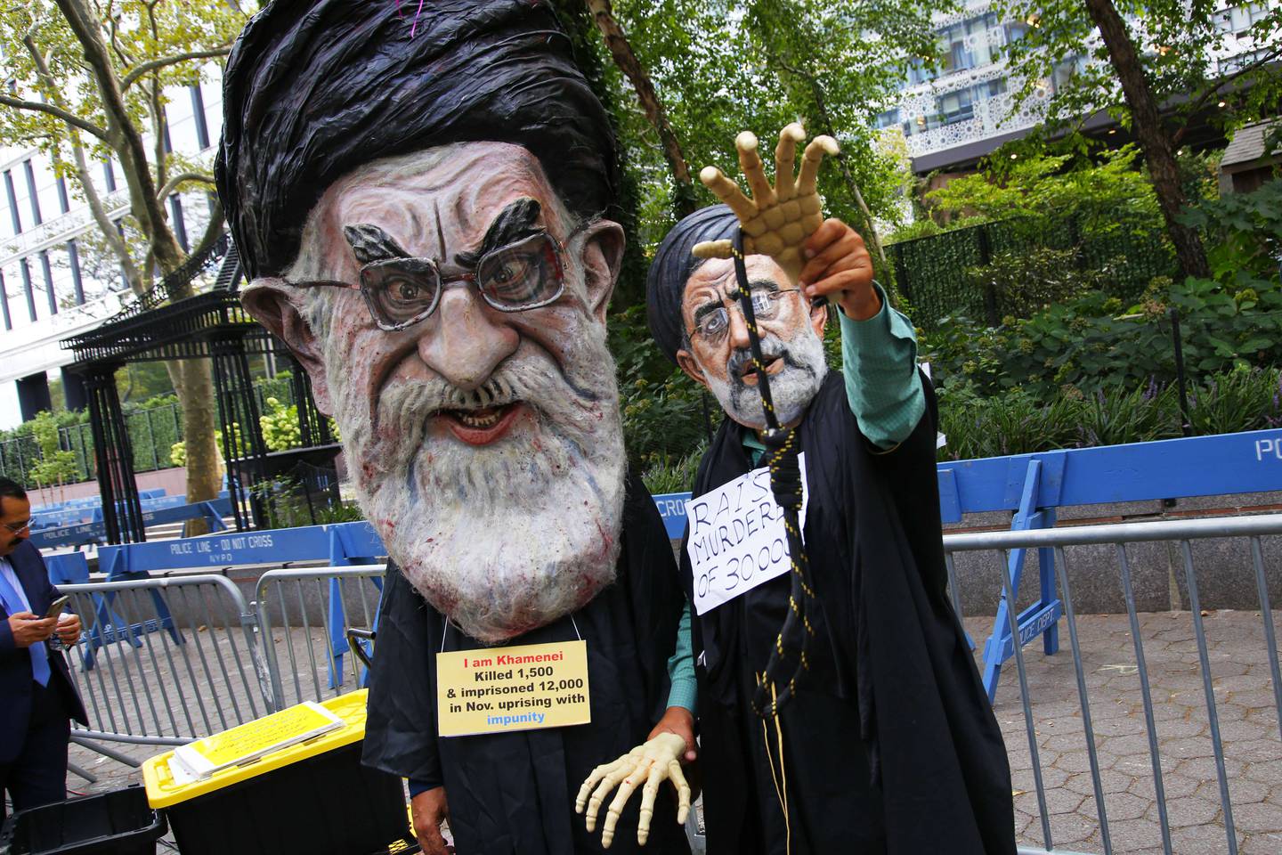 Protests against Iranian President Ebrahim Raisi near the UN General Assembly on September 21 in New York City. Getty Images / AFP

